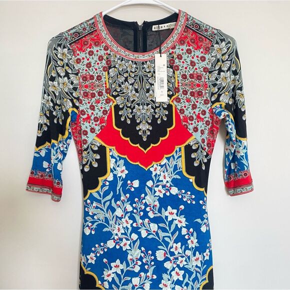 Alice + Olivia Delora Fitted Mock Neck Floral Midi Dress Palace Daffodil 2 NWT - Picture 7 of 13